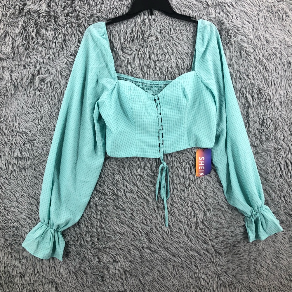 Shein Crop Top Womens 2XL Curve Blue Bustier Square Neck Lace Balloon Sleeve
